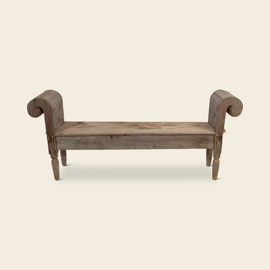 Wood Window Bench with Scroll Arms