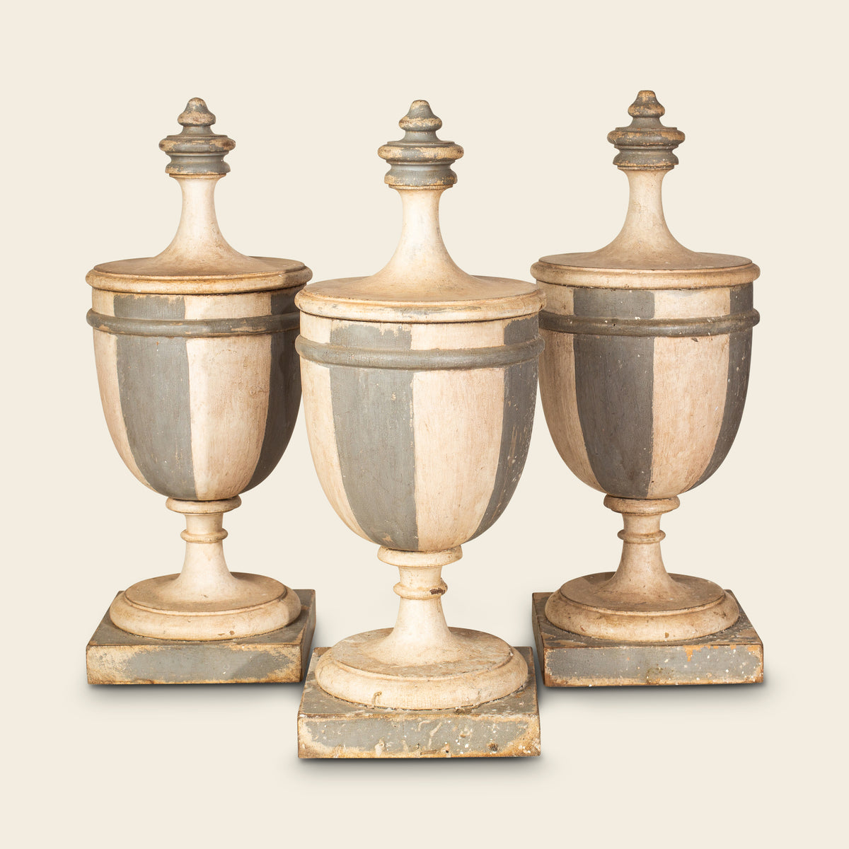 Trio of Painted Wood Lidded herbs Urns