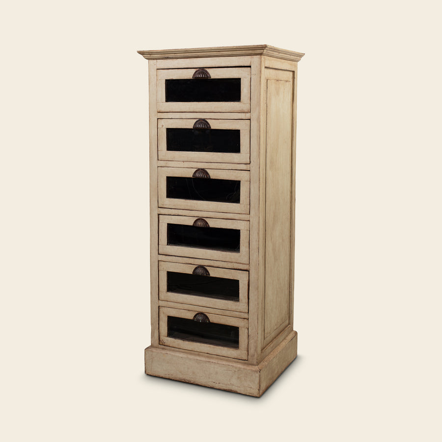 Tall Cream Cabinet with Six Glass-Front Drawers