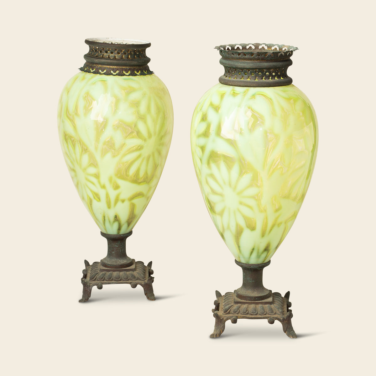 Pair of Opaline Glass Vases with Bronze Mounts