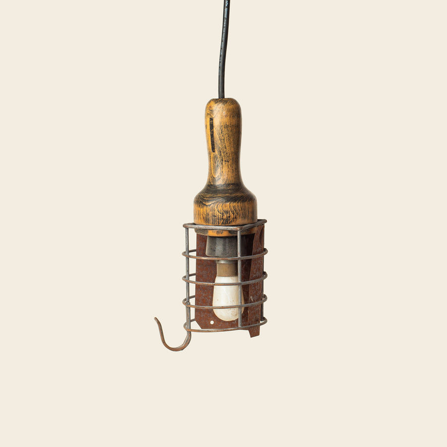 Vintage Industrial Cage Pendant Light with Wood Handle