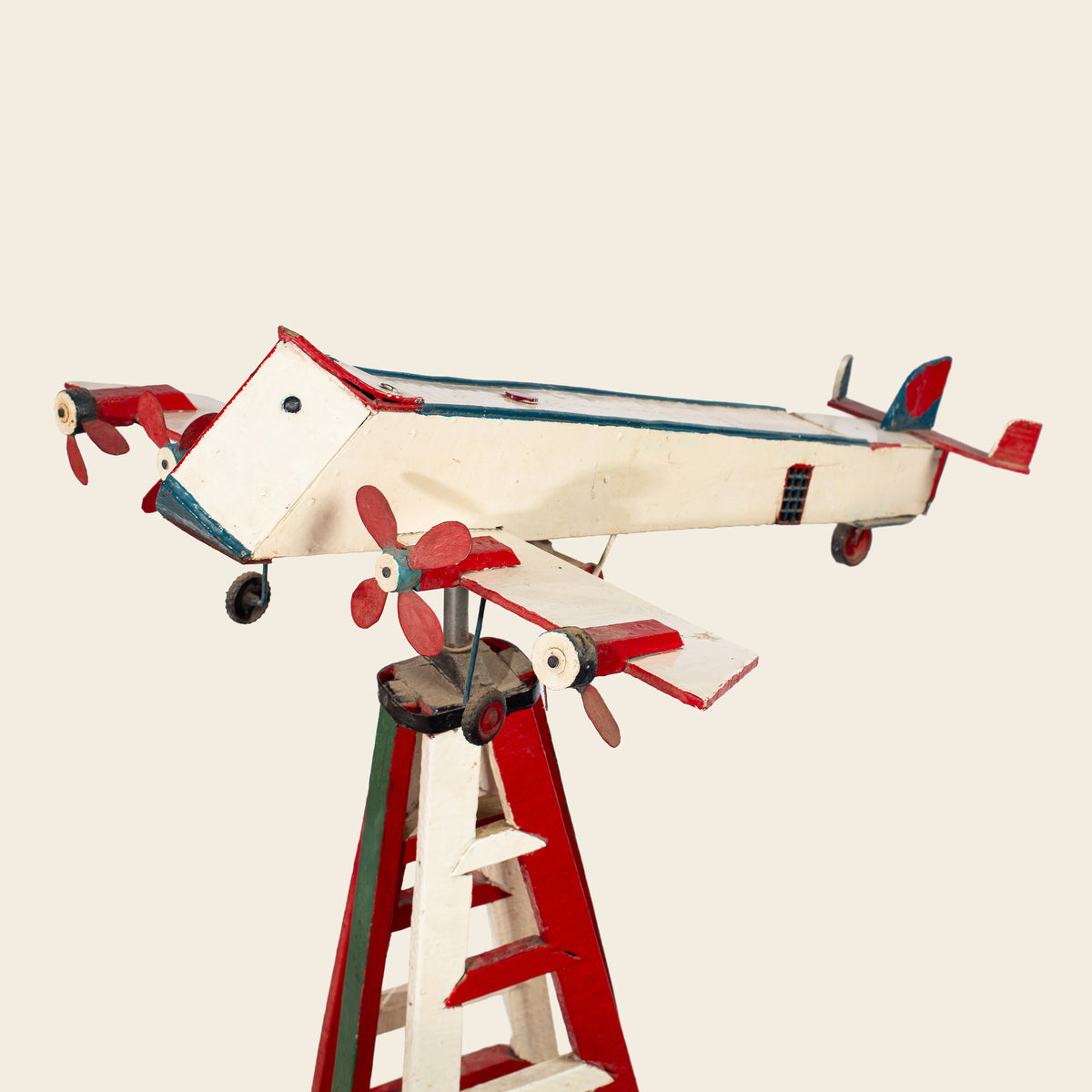 Vintage Wooden Toy Airplane on Ladder Stand
